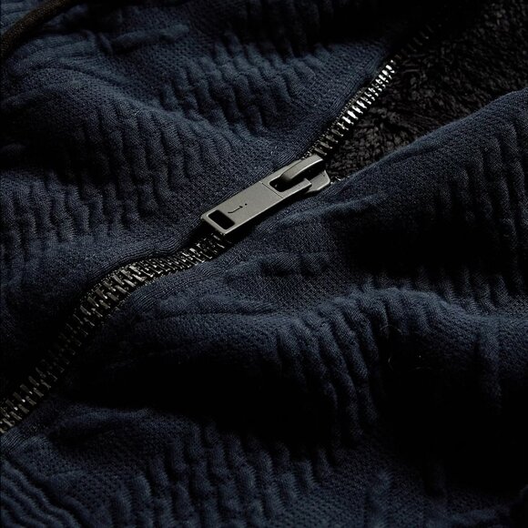 John Varvatos Men's Trenton Jacquard Textured Zip Front Hoodie Sherpa Lined Navy - Picture 3 of 7